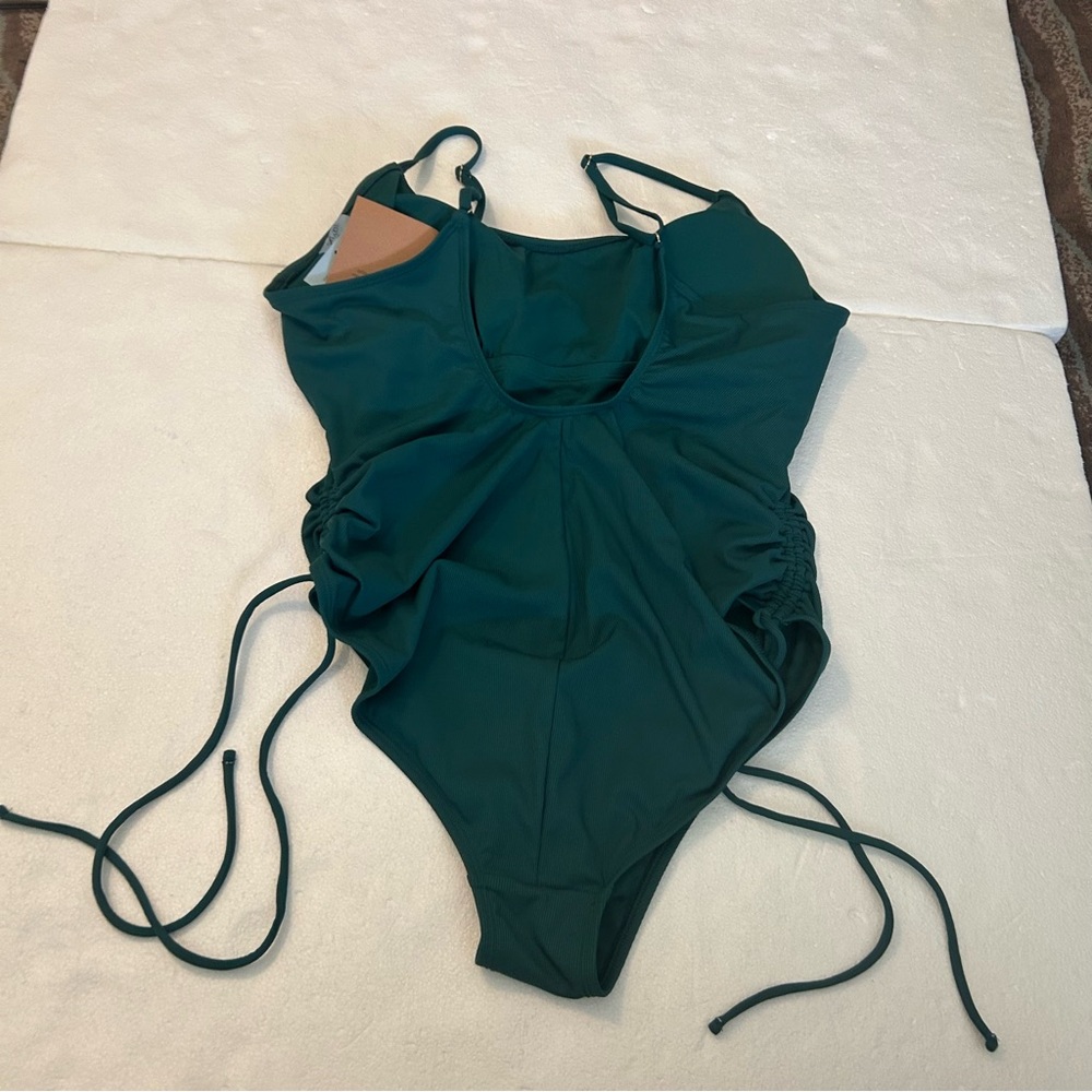 Shade & shore green teal ribbed one pice swim suit side ruching tie - Picture 12 of 14